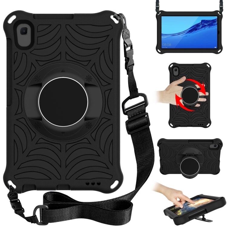 Dark protective tablet case with adjustable shoulder strap and circular grip stand