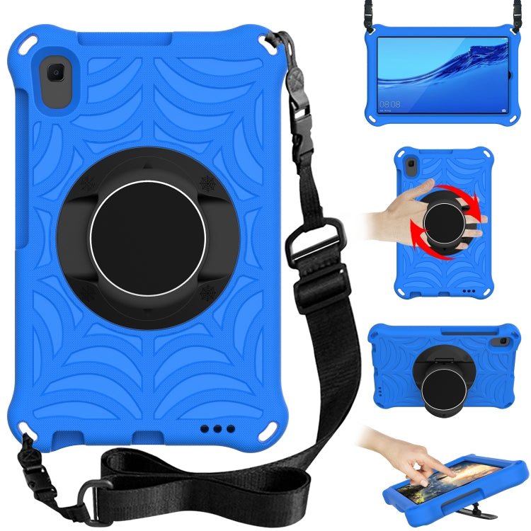 Blue protective tablet case with adjustable shoulder strap and circular grip stand