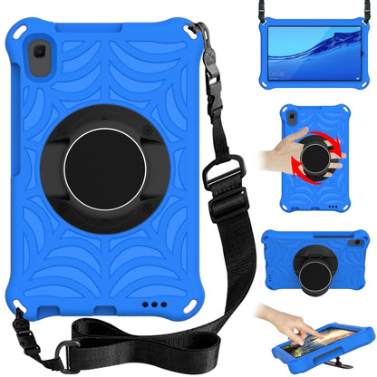 Blue protective tablet case with adjustable shoulder strap and circular grip stand
