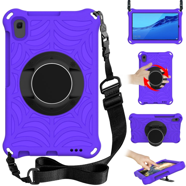 Purple tablet case with rotating circular holder and adjustable shoulder strap