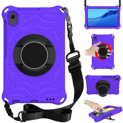 Purple tablet case with rotating circular holder and adjustable shoulder strap