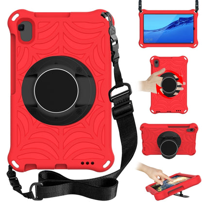 Red tablet case with rotating circular holder and adjustable shoulder strap