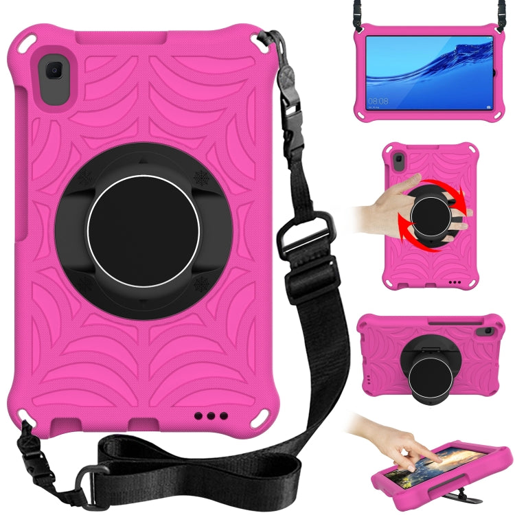 Pink tablet case with rotating circular holder and adjustable shoulder strap