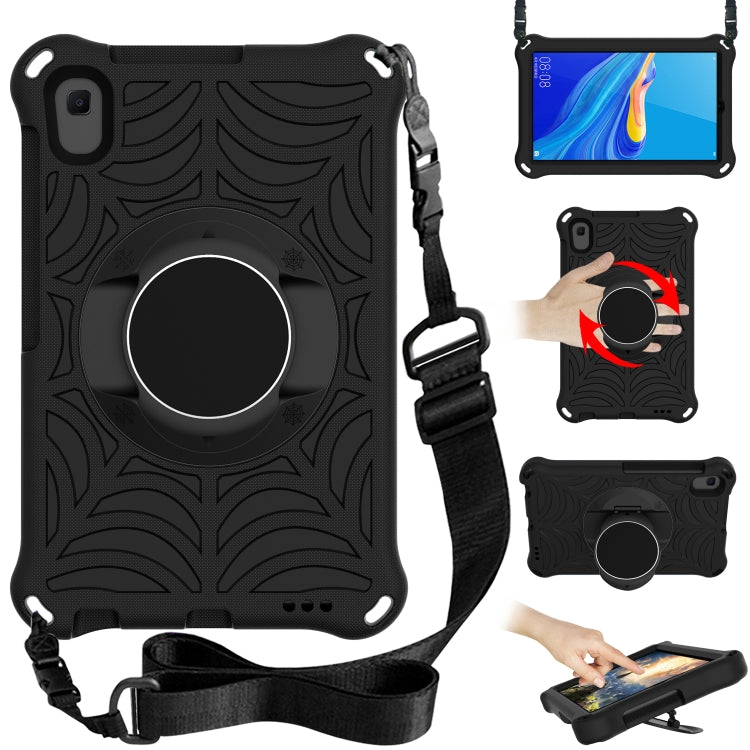 Black tablet case with rotating circular holder and adjustable shoulder strap