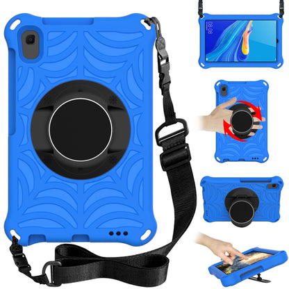 Blue tablet case with rotating circular holder and adjustable shoulder strap