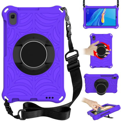 Purple tablet case with rotating circular holder and adjustable shoulder strap