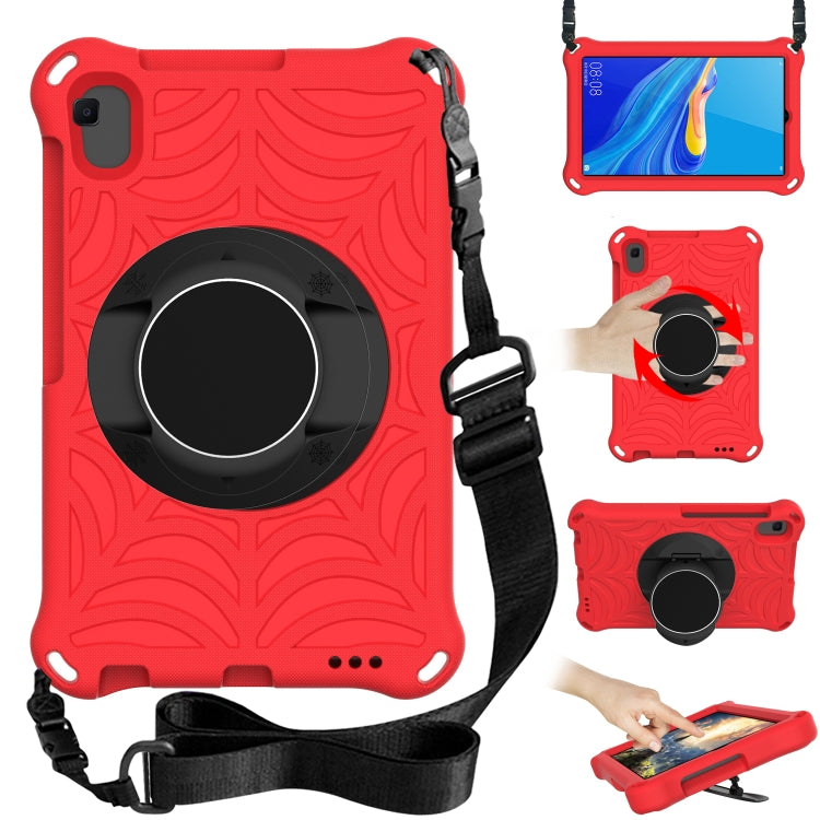 Red tablet case with rotating circular holder and adjustable shoulder strap