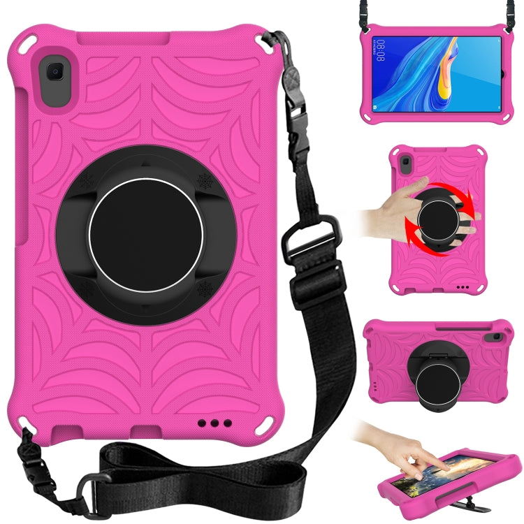 Pink tablet case with rotating circular holder and adjustable shoulder strap