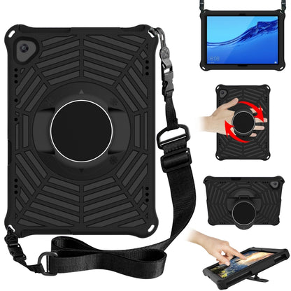 Rugged tablet protective case with adjustable shoulder strap and circular stand, black.