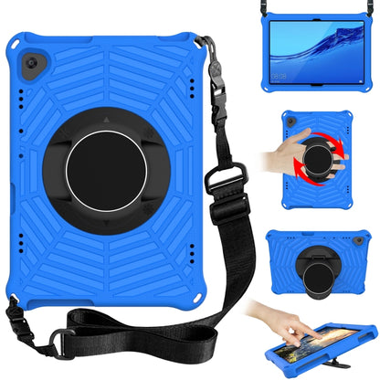 Rugged tablet protective case with adjustable shoulder strap and circular stand, blue.