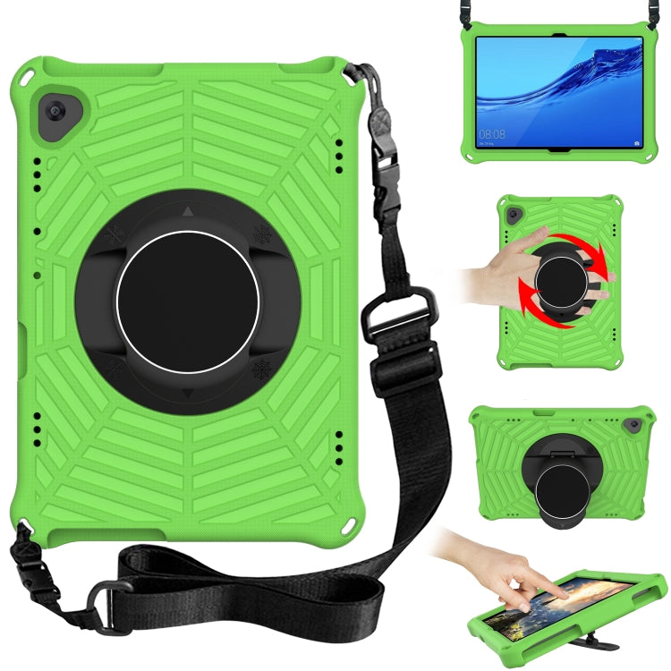 Rugged tablet protective case with adjustable shoulder strap and circular stand, green.