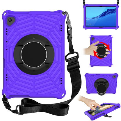 Rugged tablet protective case with adjustable shoulder strap and circular stand, purple.