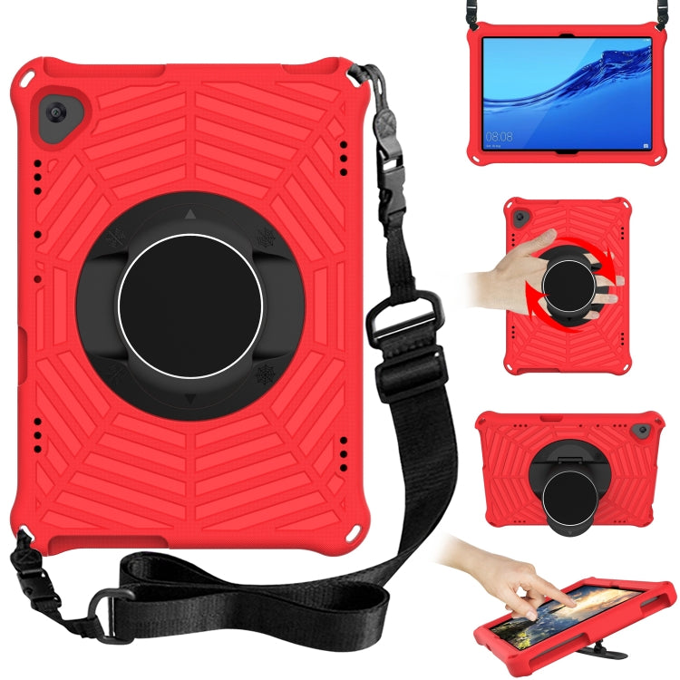 Rugged tablet protective case with adjustable shoulder strap and circular stand, red.