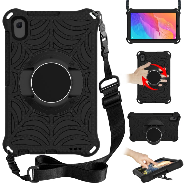 Rugged tablet protective case with adjustable shoulder strap and circular stand, dark gray.