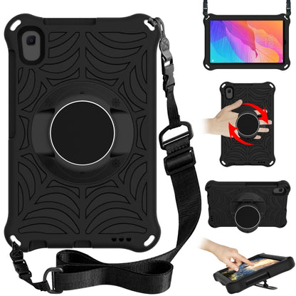 Rugged tablet protective case with adjustable shoulder strap and circular stand, dark gray.
