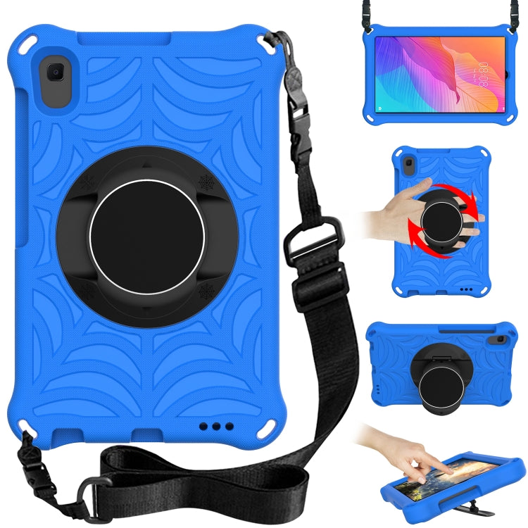 Rugged tablet protective case with adjustable shoulder strap and circular stand, bright blue.
