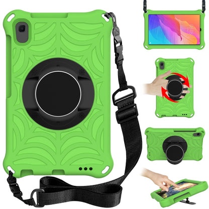 Rugged tablet protective case with adjustable shoulder strap and circular stand, lime green.
