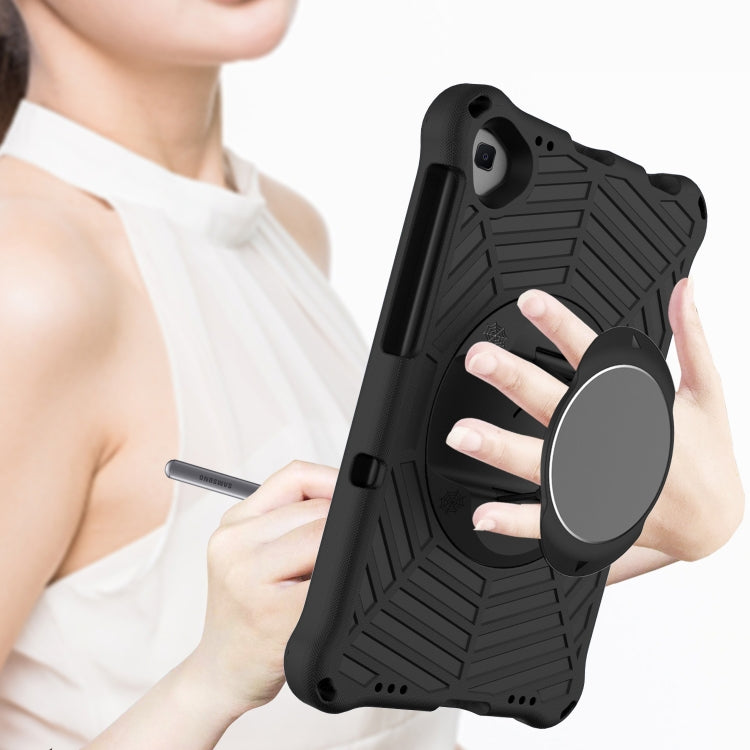 Black EVA tablet case with circular rotating kickstand ring for hands-free viewing