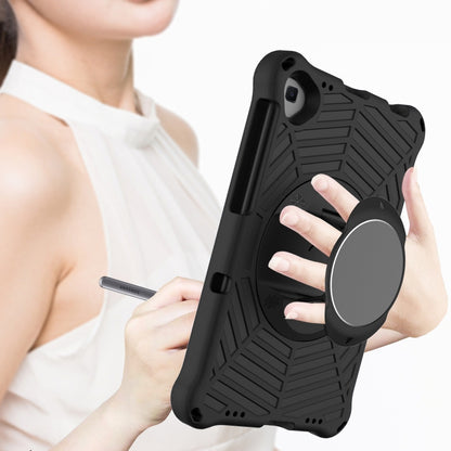 Black EVA tablet case with circular rotating kickstand ring for hands-free viewing