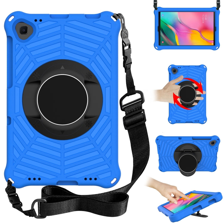 Blue EVA tablet case with adjustable shoulder strap and 360° rotating kickstand ring