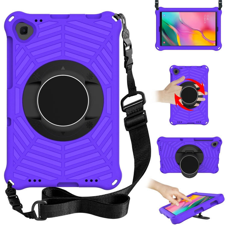 Purple EVA tablet case with adjustable shoulder strap and 360° rotating kickstand ring