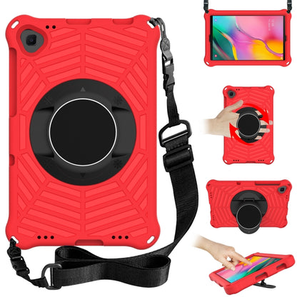 Red protective tablet case with adjustable shoulder strap and rotating ring holder