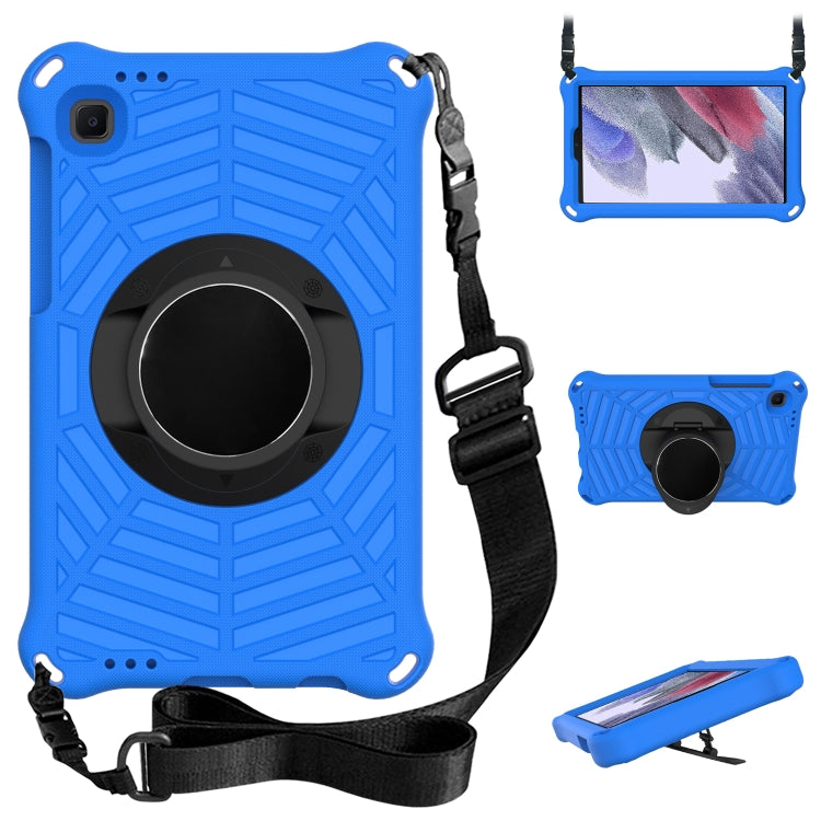 Blue protective tablet case with adjustable shoulder strap and rotating ring holder