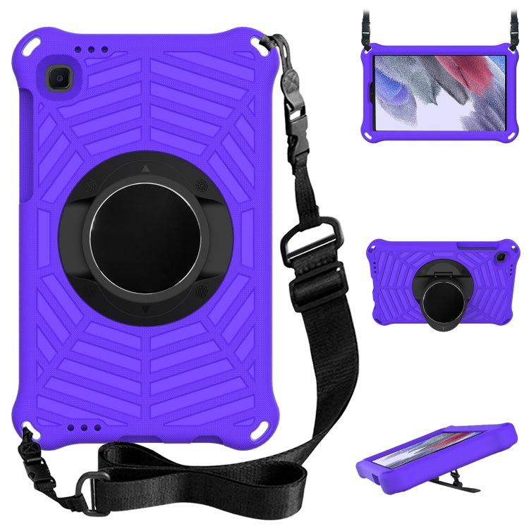 Purple protective tablet case with adjustable shoulder strap and rotating ring holder