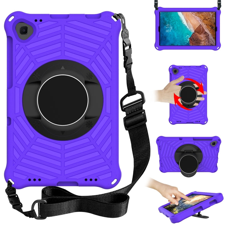 Purple EVA tablet case with adjustable shoulder strap and circular kickstand ring holder