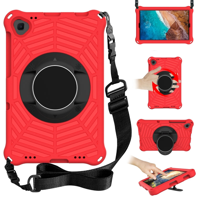 Red EVA protective tablet case with adjustable shoulder strap and circular kickstand ring