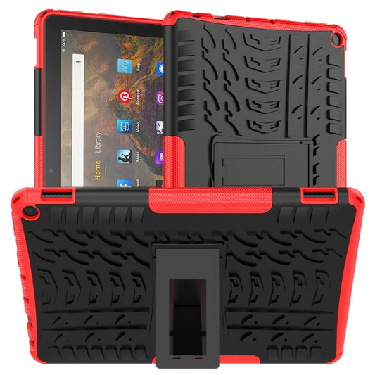 Red and black shockproof tablet case with textured grip and built-in holder