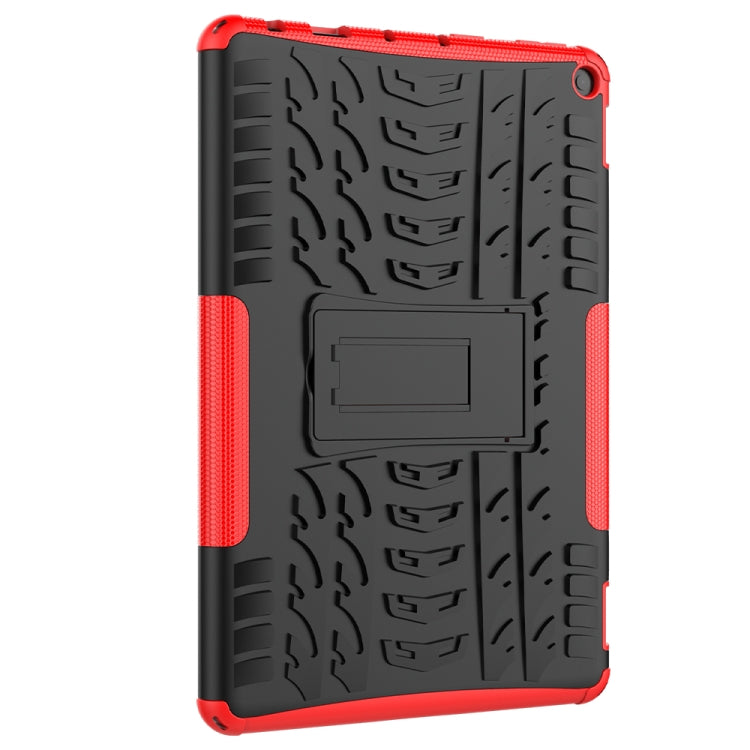 Red and black rugged tablet case with textured back and built-in holder