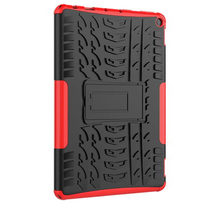 Red and black rugged tablet case with textured back and built-in holder