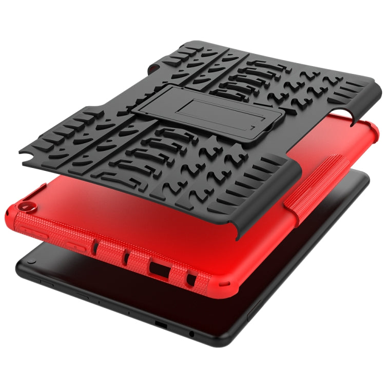 Red and black rugged tablet case with flip stand and textured back