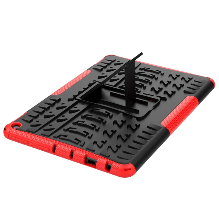 Red and black rugged tablet case with textured back and flip stand