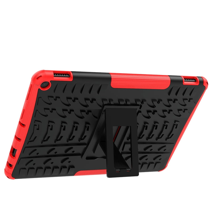 Red and black rugged tablet case with textured grip and built-in holder
