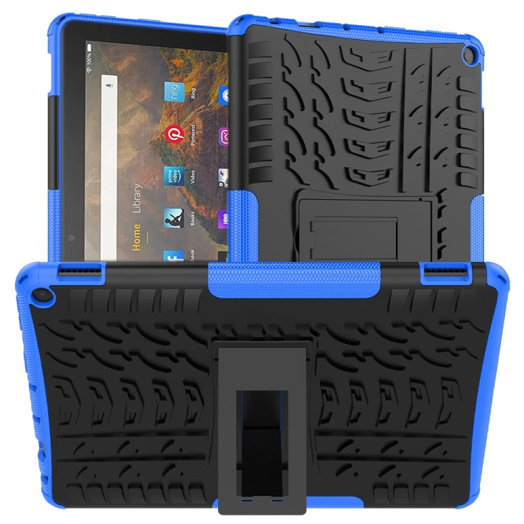 Blue and black shockproof tablet case with textured grip and built-in holder