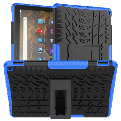 Blue and black shockproof tablet case with textured grip and built-in holder