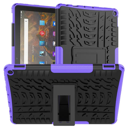 Purple and black shockproof tablet case with textured grip and built-in holder