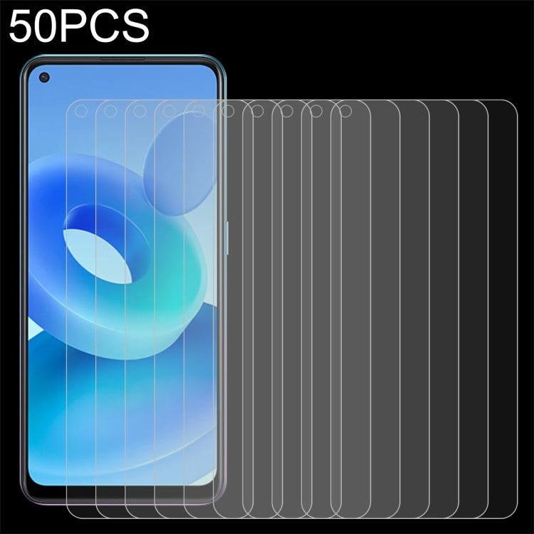 50-pack tempered glass screen protectors, clear films stacked for phone screens