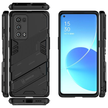 Black rugged phone case with built-in kickstand and shockproof TPU outer frame