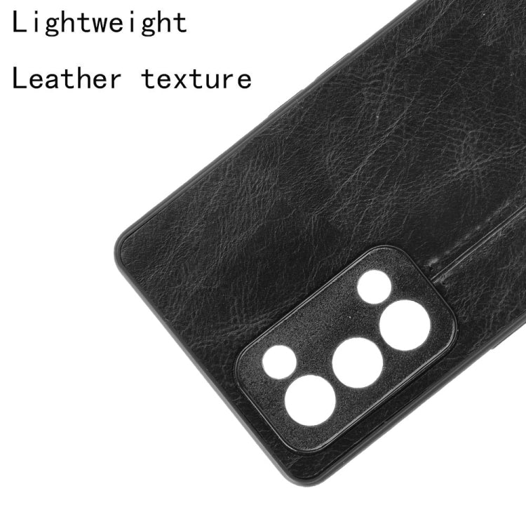 Black textured leather-look phone case with camera cutout and raised protection