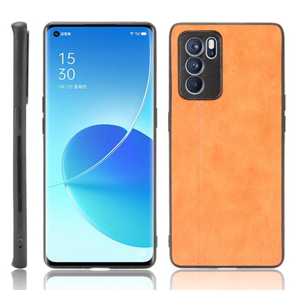 Orange leather-style shockproof phone case, front and back view with camera openings