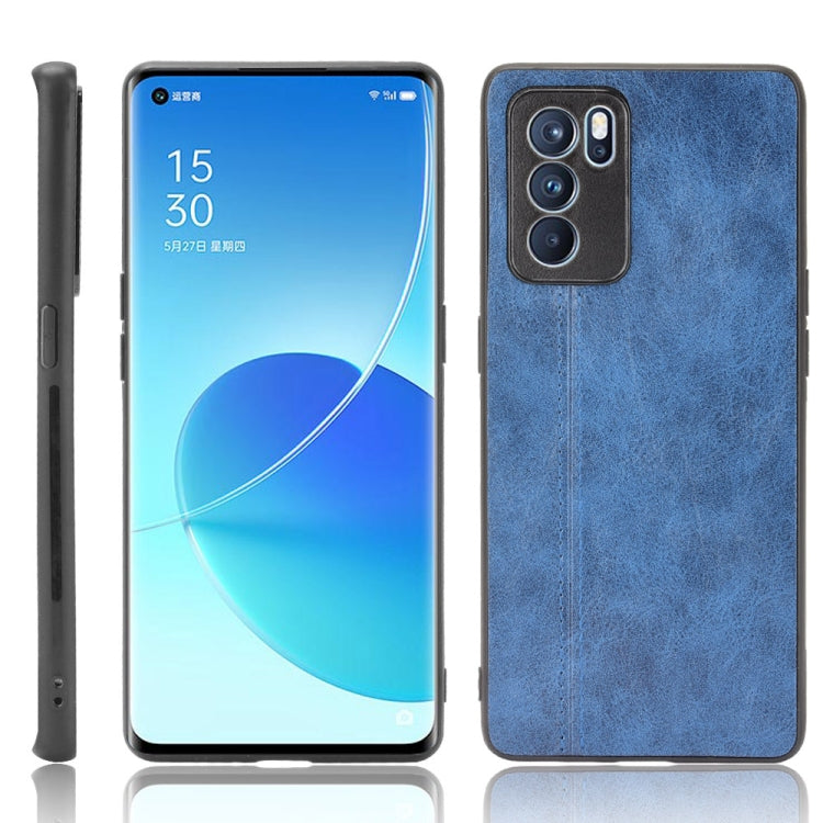 Blue leather-style shockproof phone case, front and back view with camera openings