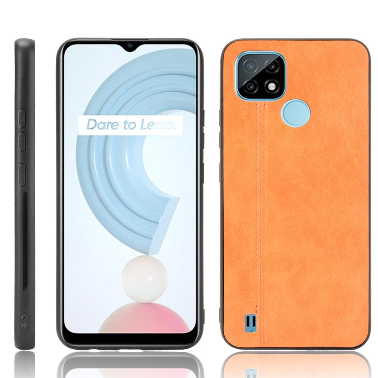 Orange leather-style shockproof phone case with lens openings and bottom charging port