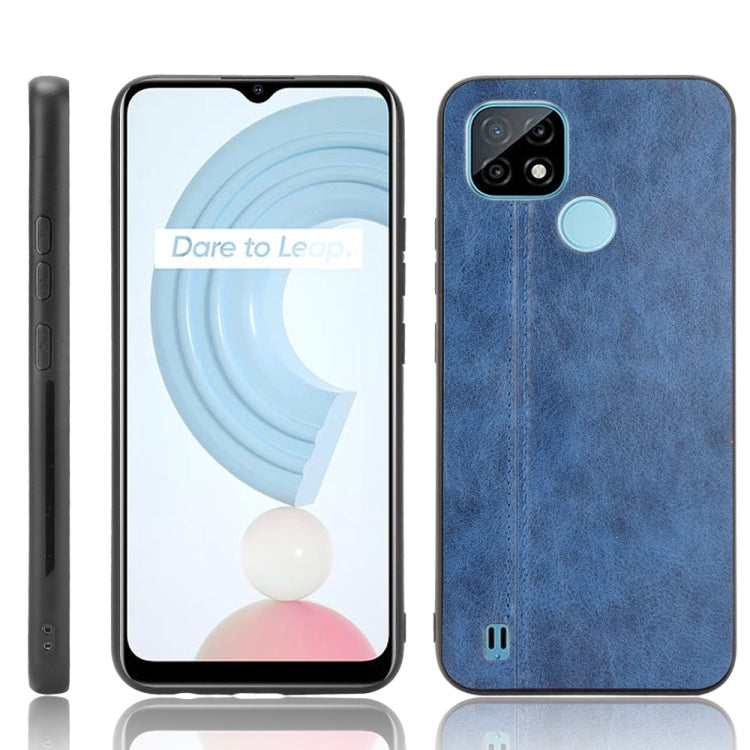 Blue textured shockproof phone case with camera cutout, circular grip, and stitched seam