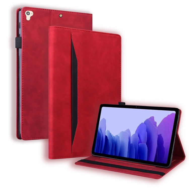 Red leather tablet case with flip cover, card slots, and viewing stand