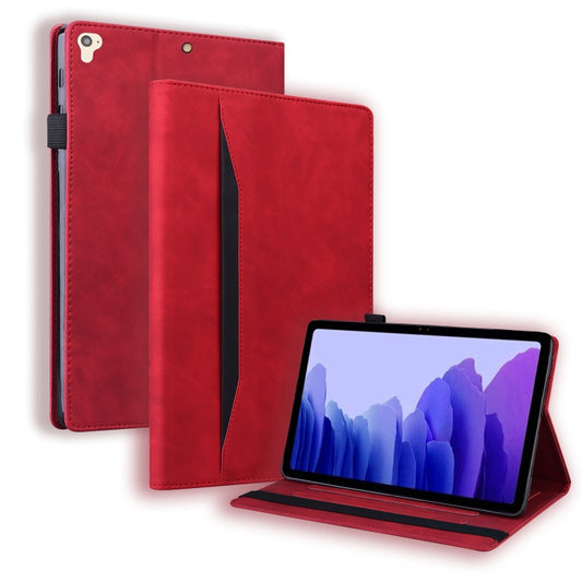 Red leather tablet case with flip cover, card slots, and viewing stand