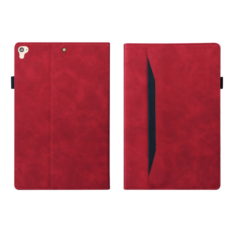 Red leather tablet case with flip cover and side edge strap, two-piece view
