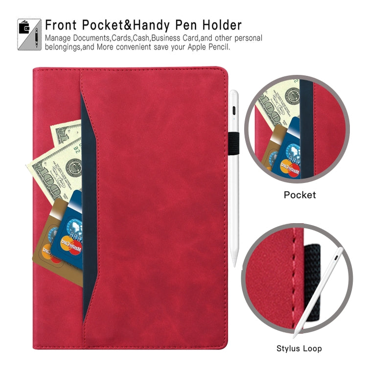 Red leather tablet case with front pocket and pen loop, card slot window